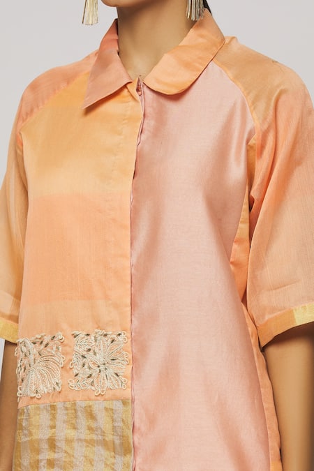 Neeta Bhargava_Peach Chanderi, Tissue Embroidery Shawl Reglan Sleeve Shaded Shirt And Pant Set _Online_at_Aza_Fashions