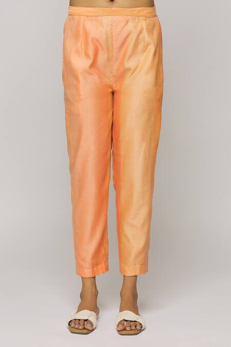 Buy_Neeta Bhargava_Peach Chanderi, Tissue Embroidery Shawl Reglan Sleeve Shaded Shirt And Pant Set _Online_at_Aza_Fashions