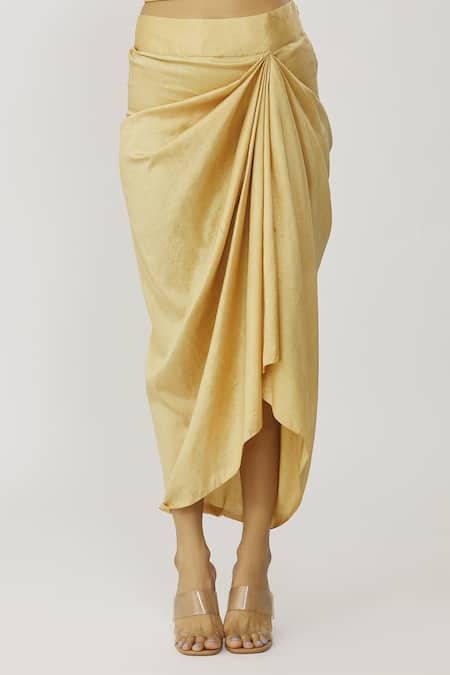 Buy_Neeta Bhargava_Gold Tissue, Cotton, Silk Embroidery, Sequins Yoke Kurta Draped Skirt Set 