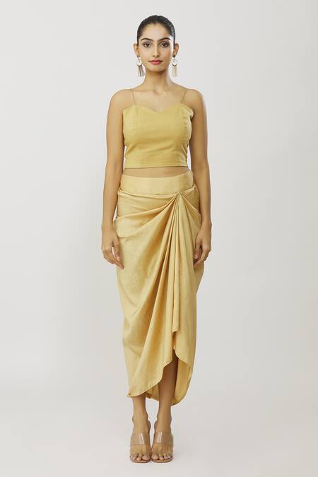 Neeta Bhargava_Gold Tissue, Cotton, Silk Embroidery, Sequins Yoke Kurta Draped Skirt Set _Online_at_Aza_Fashions