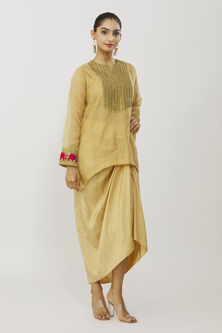 Neeta Bhargava_Gold Tissue, Cotton, Silk Embroidery, Sequins Yoke Kurta Draped Skirt Set _at_Aza_Fashions