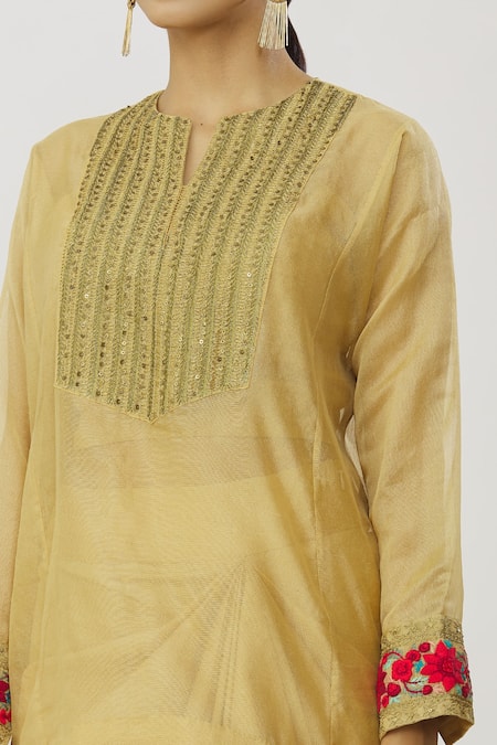 Buy_Neeta Bhargava_Gold Tissue, Cotton, Silk Embroidery, Sequins Yoke Kurta Draped Skirt Set _Online_at_Aza_Fashions