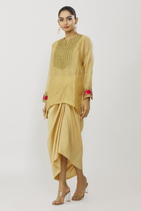 Shop_Neeta Bhargava_Gold Tissue, Cotton, Silk Embroidery, Sequins Yoke Kurta Draped Skirt Set _Online_at_Aza_Fashions
