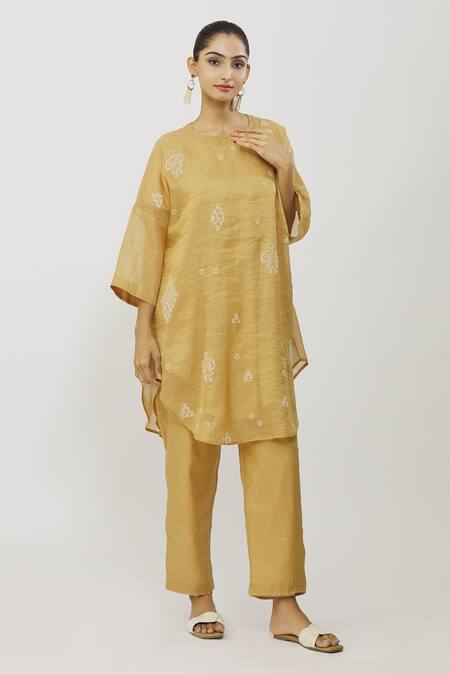 Shop_Neeta Bhargava_Gold Tissue, Velour Embroidery Round Neck Kaftan Pant Set _Online_at_Aza_Fashions