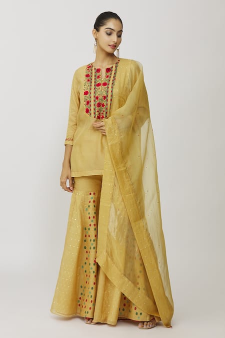 Buy_Neeta Bhargava_Gold Organza, Cotton, Tissue, Lycra Embroidery Hand Yoke Kurta Gharara Set 