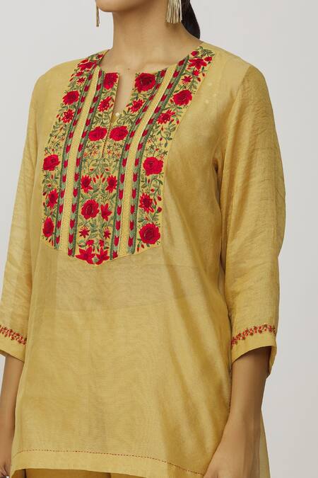 Buy_Neeta Bhargava_Gold Organza, Cotton, Tissue, Lycra Embroidery Hand Yoke Kurta Gharara Set _Online_at_Aza_Fashions