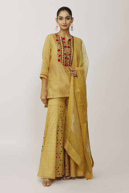 Shop_Neeta Bhargava_Gold Organza, Cotton, Tissue, Lycra Embroidery Hand Yoke Kurta Gharara Set _Online_at_Aza_Fashions