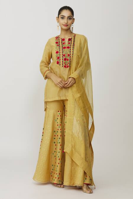 Neeta Bhargava_Gold Organza, Cotton, Tissue, Lycra Embroidery Hand Yoke Kurta Gharara Set _at_Aza_Fashions