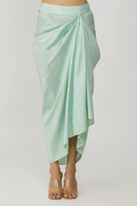 Buy_Neeta Bhargava_Blue Brocade, Cotton, Silk, Lycra Embroidery, Hand Yoke Kurta Draped Skirt Set 
