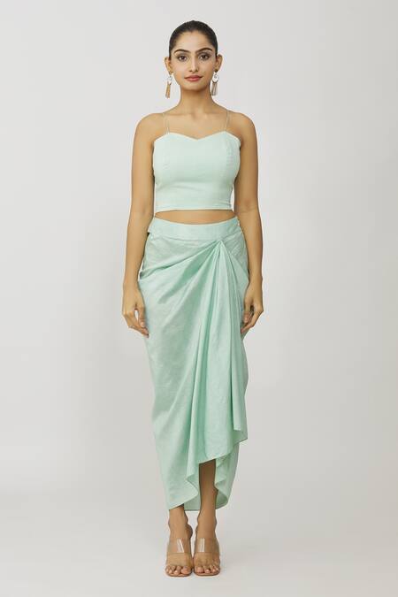 Neeta Bhargava_Blue Brocade, Cotton, Silk, Lycra Embroidery, Hand Yoke Kurta Draped Skirt Set _Online_at_Aza_Fashions