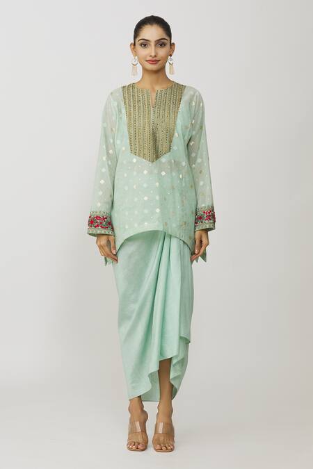Buy_Neeta Bhargava_Blue Brocade, Cotton, Silk, Lycra Embroidery, Hand Yoke Kurta Draped Skirt Set _Online_at_Aza_Fashions