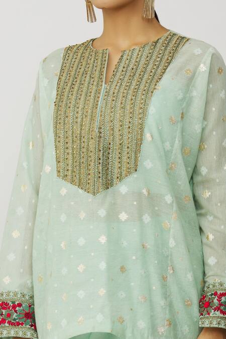 Shop_Neeta Bhargava_Blue Brocade, Cotton, Silk, Lycra Embroidery, Hand Yoke Kurta Draped Skirt Set _Online_at_Aza_Fashions