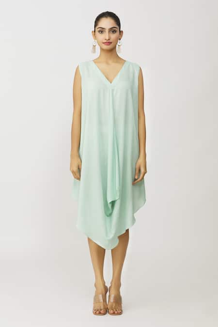 Buy_Neeta Bhargava_Blue Modal, Chanderi, Kota Doria, Asymmetric Hem Dress With Embroidered Jacket 