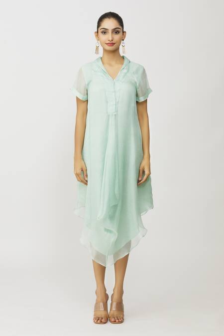 Neeta Bhargava_Blue Modal, Chanderi, Kota Doria, Asymmetric Hem Dress With Embroidered Jacket _Online_at_Aza_Fashions