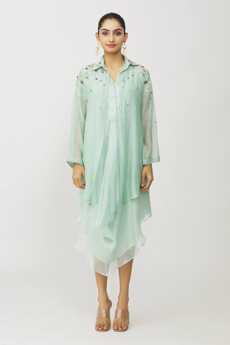 Buy_Neeta Bhargava_Blue Modal, Chanderi, Kota Doria, Asymmetric Hem Dress With Embroidered Jacket _Online_at_Aza_Fashions