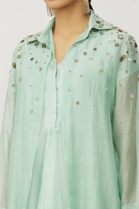 Shop_Neeta Bhargava_Blue Modal, Chanderi, Kota Doria, Asymmetric Hem Dress With Embroidered Jacket _Online_at_Aza_Fashions