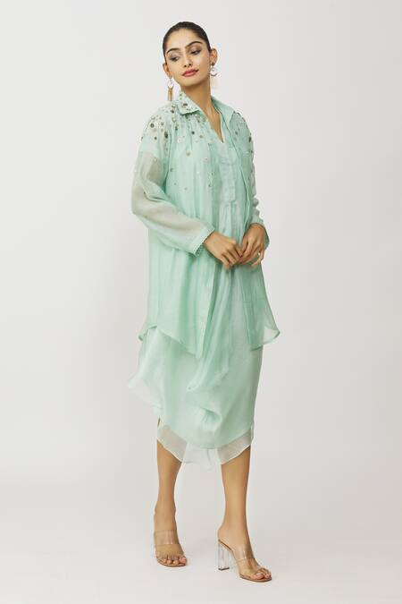 Neeta Bhargava_Blue Modal, Chanderi, Kota Doria, Asymmetric Hem Dress With Embroidered Jacket _at_Aza_Fashions