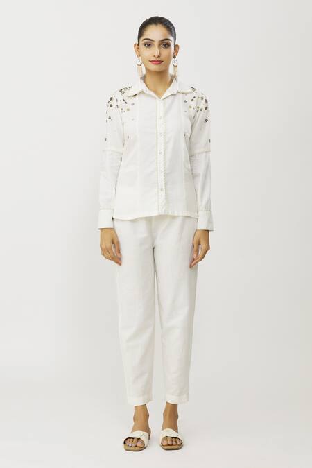 Neeta Bhargava_White Cotton, Linen Sequins, Beads Split V-neck Embroidered Shirt And Pant Set_at_Aza_Fashions