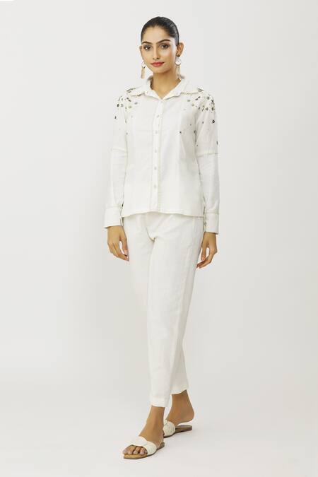 Shop_Neeta Bhargava_White Cotton, Linen Sequins, Beads Split V-neck Embroidered Shirt And Pant Set_Online_at_Aza_Fashions
