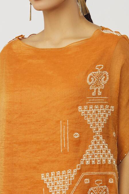 Buy Orange Tissue Embroidery Anchor Thread Work Round Kaftan And