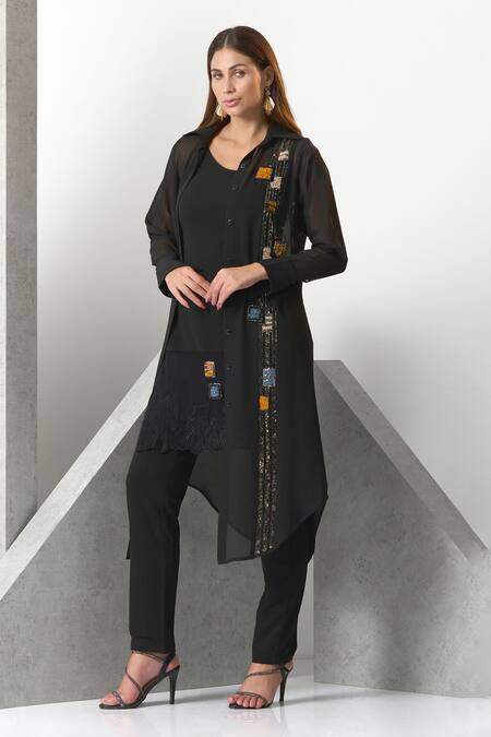 Eli Bitton Black Chiffon, Crepe, Polyester Sequins Open Hand Embroidered Kurta Pant Set Online at Aza Fashions Eli Bitton_Black Chiffon, Crepe, Polyester Sequins Open Hand Embroidered Kurta Pant Set _Online_at_Aza_Fashions