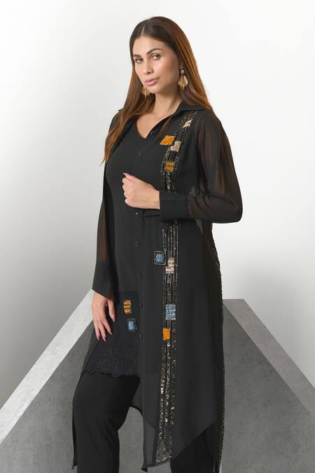 Buy Eli Bitton Black Chiffon, Crepe, Polyester Sequins Open Hand Embroidered Kurta Pant Set Online at Aza Fashions Buy_Eli Bitton_Black Chiffon, Crepe, Polyester Sequins Open Hand Embroidered Kurta Pant Set _Online_at_Aza_Fashions