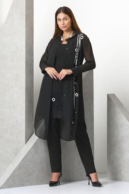 Eli Bitton Black Sequin (100% Polyester) Hand Embroidered Inner U Kurta Pant Set 