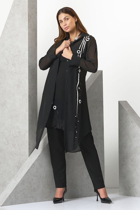 Buy_Eli Bitton_Black Chiffon, Crepe, Polyester Sequins Open Hand Embroidered Kurta Pant Set _Online_at_Aza_Fashions