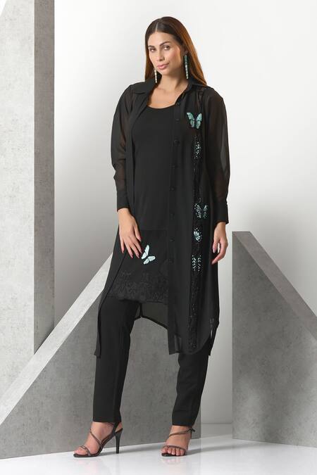 Eli Bitton_Black Chiffon, Crepe, Satin Embroidery, Sequins Butterfly Hand Kurta Pant Set _Online_at_Aza_Fashions
