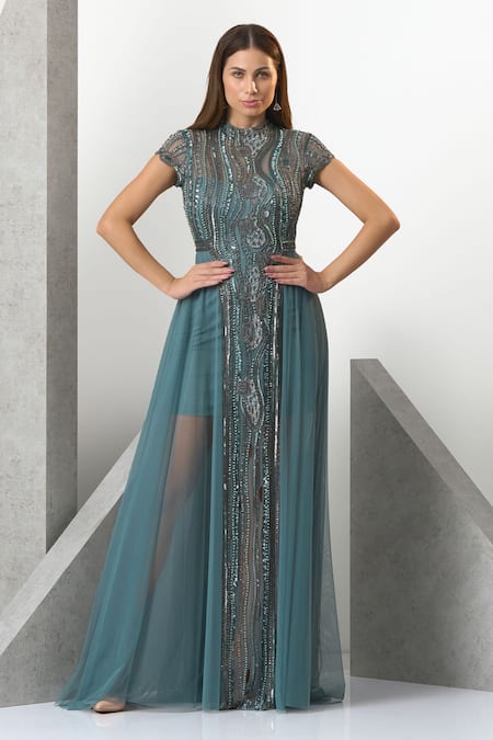 Buy_Eli Bitton_Blue Tulle, Polyester Beads Round Neck Hand Embroidered Gown Set _Online_at_Aza_Fashions