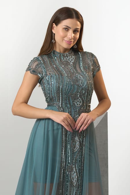 Shop_Eli Bitton_Blue Tulle, Polyester Beads Round Neck Hand Embroidered Gown Set _Online_at_Aza_Fashions