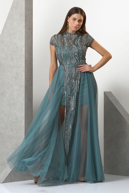Eli Bitton_Blue Tulle, Polyester Beads Round Neck Hand Embroidered Gown Set _at_Aza_Fashions