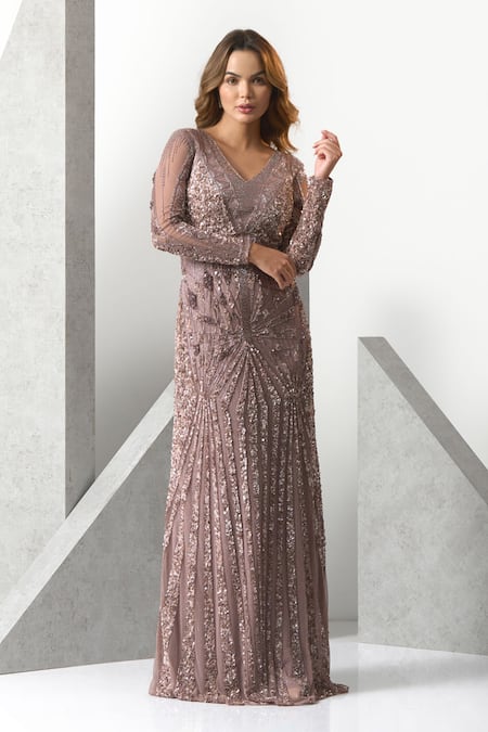 Eli Bitton_Purple Tulle, Polyester Sequins V-neck Hand Embroidered Gown _Online_at_Aza_Fashions