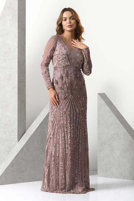 Buy_Eli Bitton_Purple Tulle, Polyester Sequins V-neck Hand Embroidered Gown _Online_at_Aza_Fashions