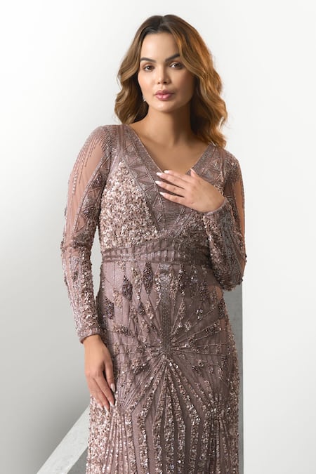 Shop_Eli Bitton_Purple Tulle, Polyester Sequins V-neck Hand Embroidered Gown _Online_at_Aza_Fashions
