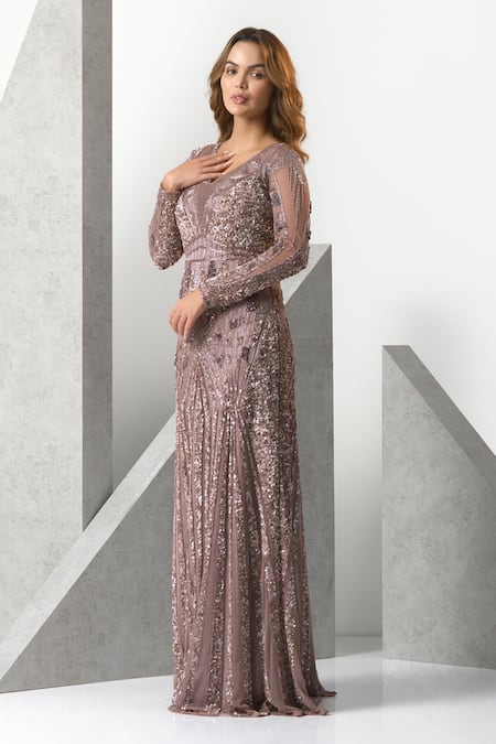 Eli Bitton_Purple Tulle, Polyester Sequins V-neck Hand Embroidered Gown _at_Aza_Fashions