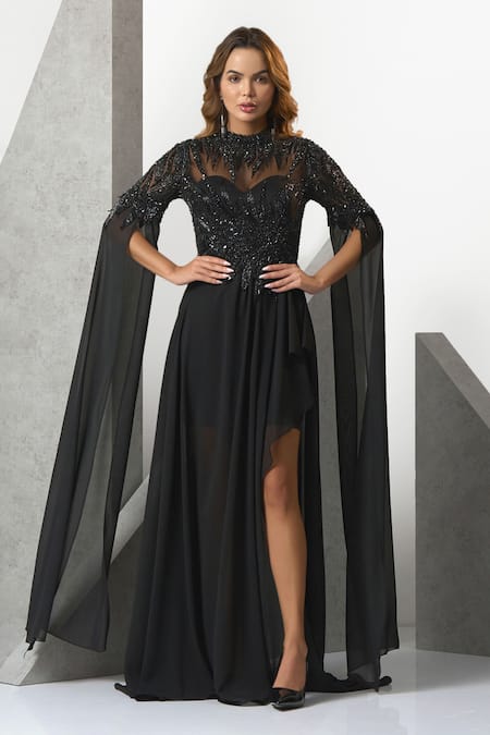 Eli Bitton Black Sequin(100% Polyester) Hand Embroidered Beads High Neck Leaf Draped Gown 