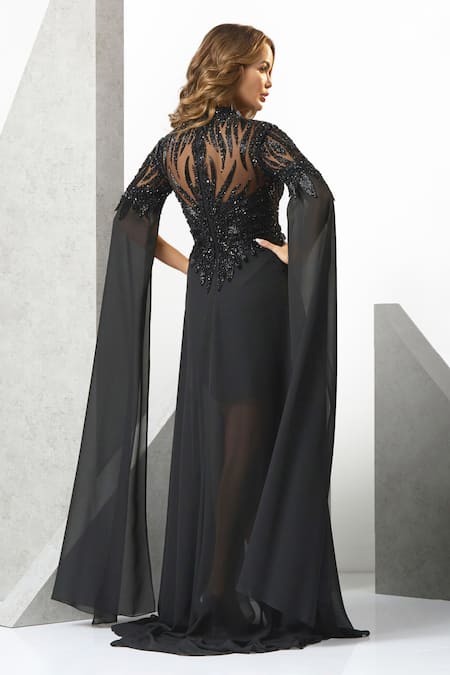 Eli Bitton Leaf Sequin Embroidered Draped Gown 