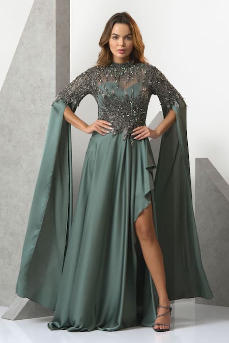 Eli Bitton Leaf Pattern Embroidered Draped Gown 