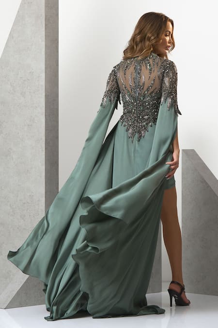 Eli Bitton Leaf Pattern Embroidered Draped Gown 