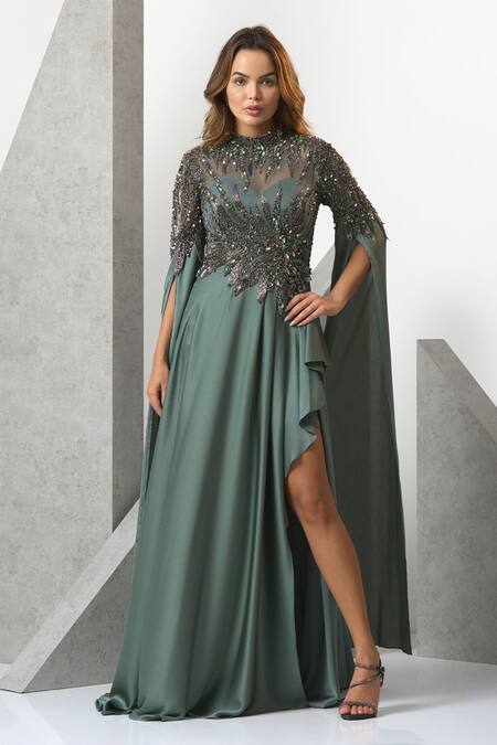 Eli Bitton_Green Chiffon Sequins, Beads, Stones High Leaf Pattern Embroidered Draped Gown _Online_at_Aza_Fashions