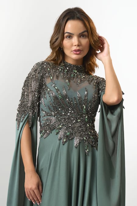 Buy_Eli Bitton_Green Chiffon Sequins, Beads, Stones High Leaf Pattern Embroidered Draped Gown _Online_at_Aza_Fashions