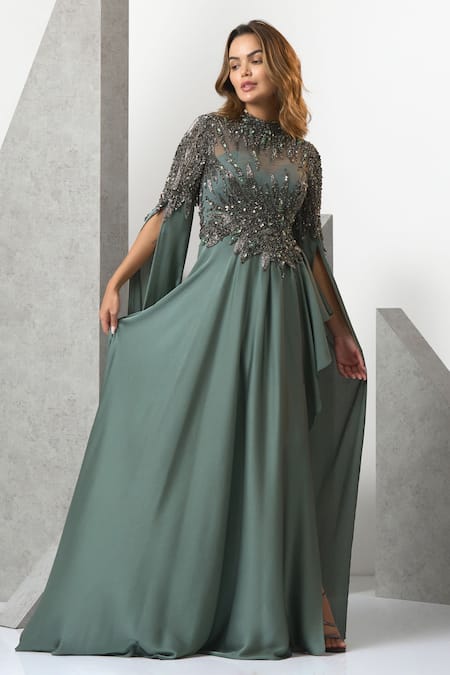 Shop_Eli Bitton_Green Chiffon Sequins, Beads, Stones High Leaf Pattern Embroidered Draped Gown _Online_at_Aza_Fashions