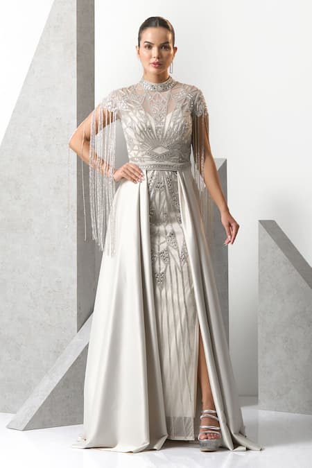 Eli Bitton Ivory Sequin/mesh (100% Polyester) Hand Embroidered Crystal Geometric Gown 