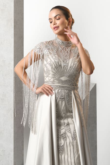 Eli Bitton Ivory Silk, Nylon, Polyester Sequins, Crystals Geometric Embroidered Gown Online at Aza Fashions Eli Bitton_Ivory Silk, Nylon, Polyester Sequins, Crystals Geometric Embroidered Gown _Online_at_Aza_Fashions