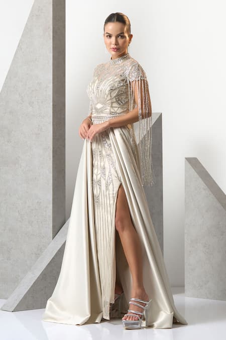 Buy Eli Bitton Ivory Silk, Nylon, Polyester Sequins, Crystals Geometric Embroidered Gown Online at Aza Fashions Buy_Eli Bitton_Ivory Silk, Nylon, Polyester Sequins, Crystals Geometric Embroidered Gown _Online_at_Aza_Fashions