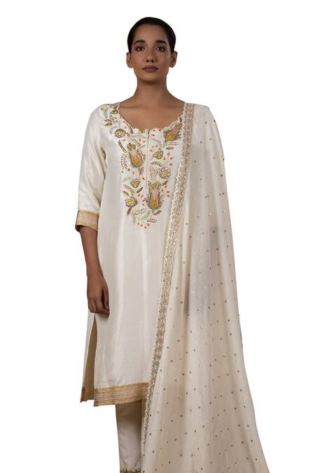 Shop_Blue Lotus Design_White Cotton, Silk Embroidery, Sequins Scoop Neck Floral Kurta Pant Set _Online_at_Aza_Fashions