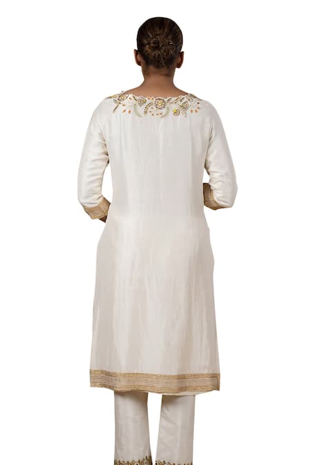 Blue Lotus Design_White Cotton, Silk Embroidery, Sequins Scoop Neck Floral Kurta Pant Set _at_Aza_Fashions