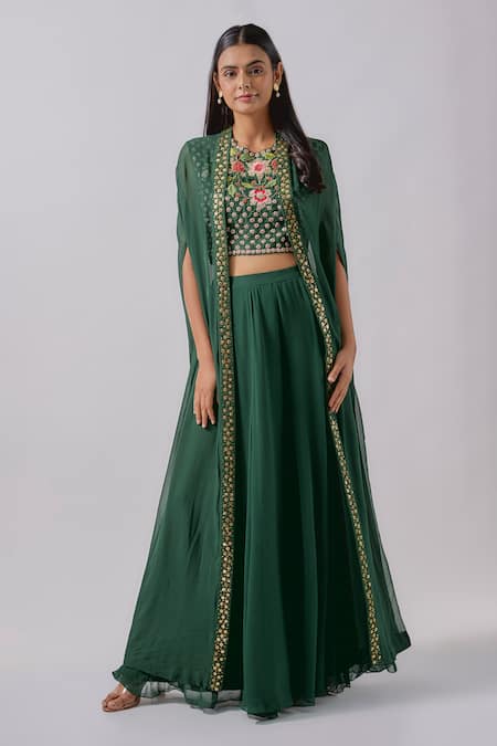 Blue Lotus Design Green Georgette Embroidered Floral Cape Open Embellished Border Palazzo Set 