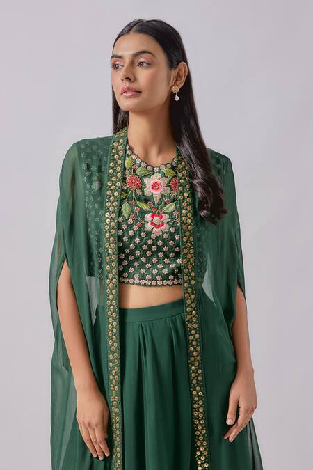 Buy_Blue Lotus Design_Green Georgette Embroidery, Sequins Round Embellished Border Cape Palazzo Set _Online_at_Aza_Fashions